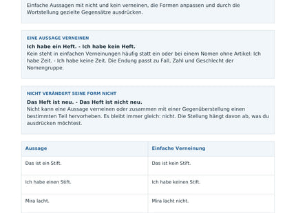 Mit nicht und kein verneinen – erste Seite des Deutsch-Arbeitsblatts für Klasse 5-6