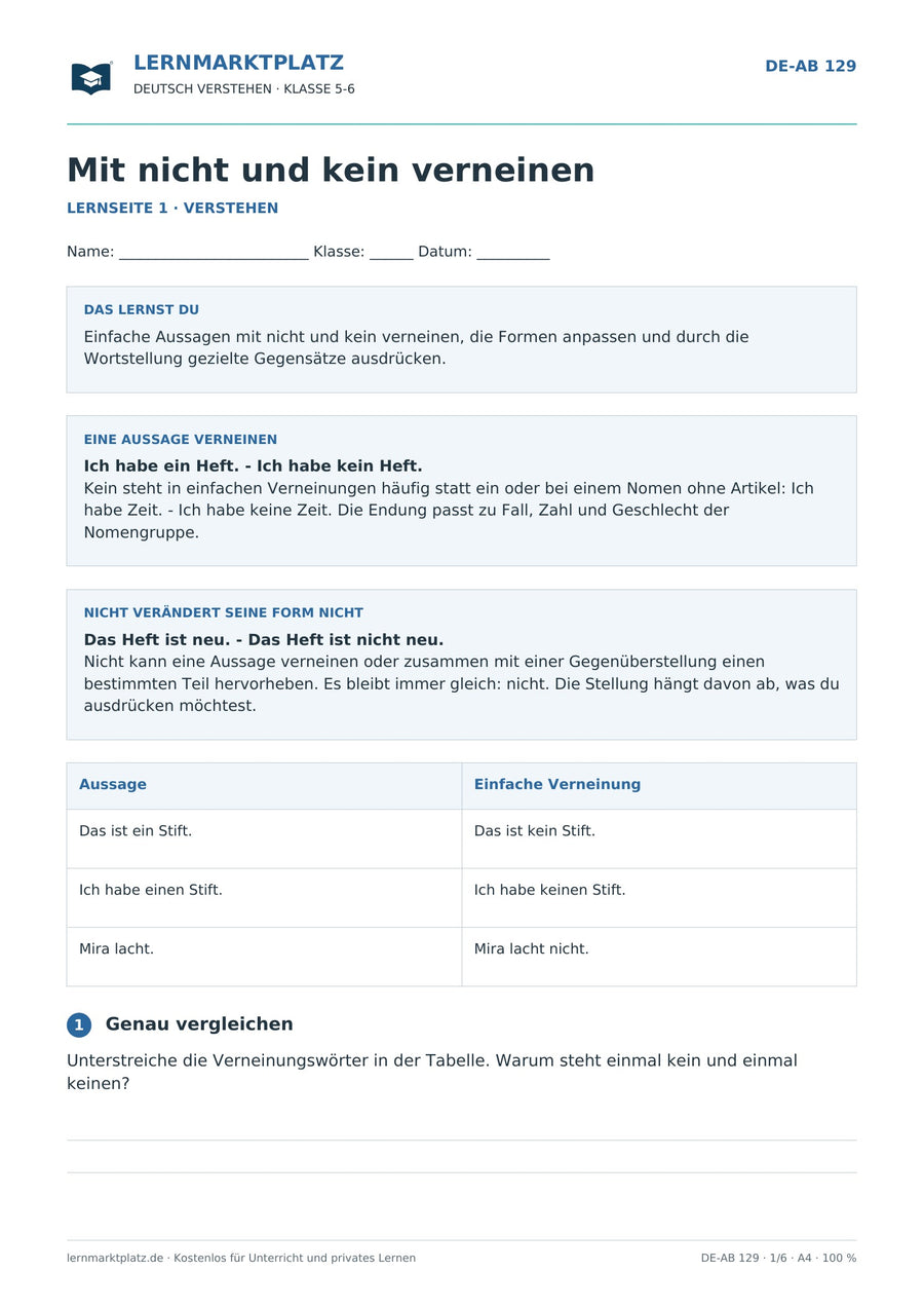 Mit nicht und kein verneinen – erste Seite des Deutsch-Arbeitsblatts für Klasse 5-6