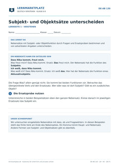 Subjekt- und Objektsätze unterscheiden – kostenloses Deutsch-Arbeitsblatt mit Lösungen (PDF)