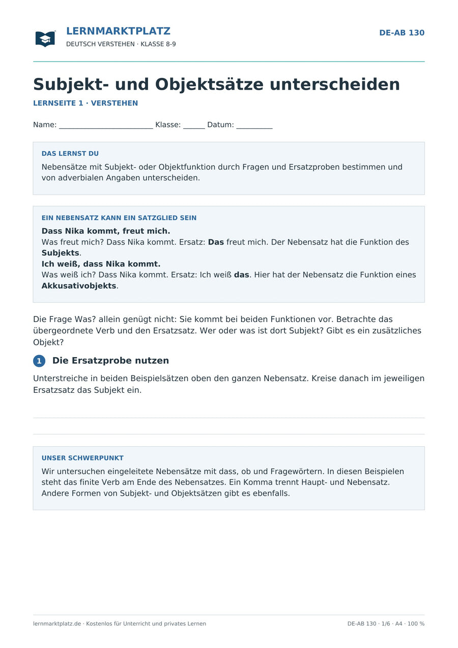 Subjekt- und Objektsätze unterscheiden – erste Seite des Deutsch-Arbeitsblatts für Klasse 8-9