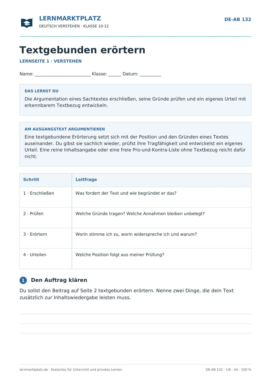 Textgebunden erörtern – erste Seite des Deutsch-Arbeitsblatts für Klasse 10-12