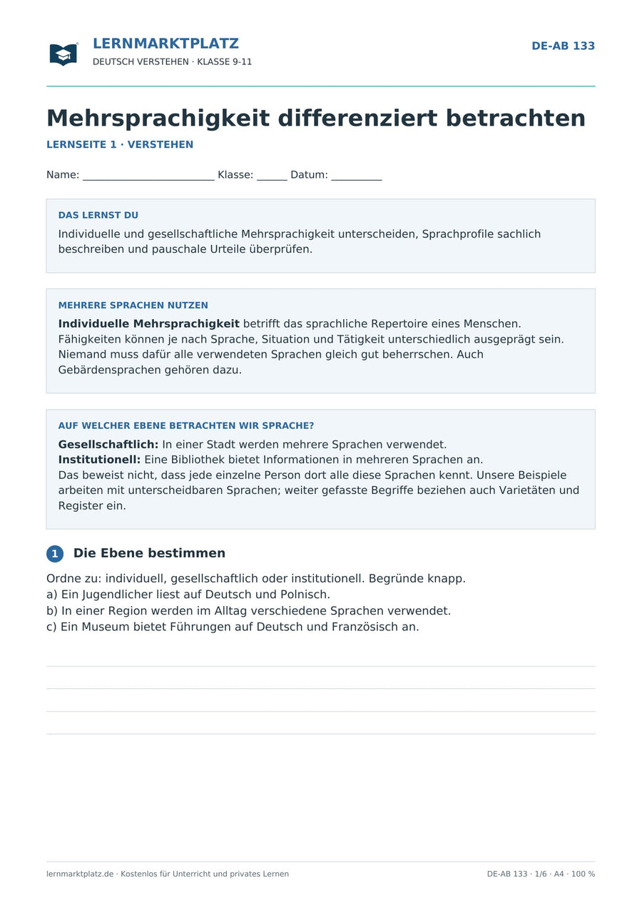 Mehrsprachigkeit differenziert betrachten – erste Seite des Deutsch-Arbeitsblatts für Klasse 9-11