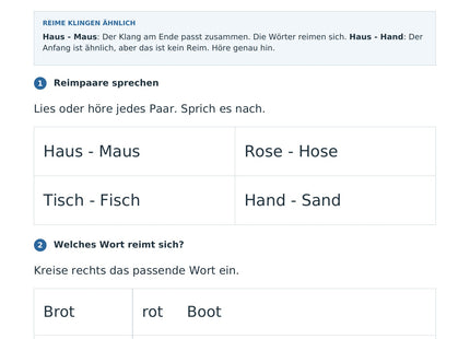 Reimwörter hören und finden – erste Seite des Deutsch-Arbeitsblatts für Klasse 1-2