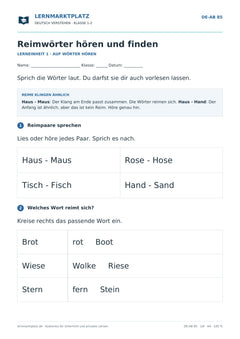 Reimwörter hören und finden – kostenloses Deutsch-Arbeitsblatt mit Lösungen (PDF)
