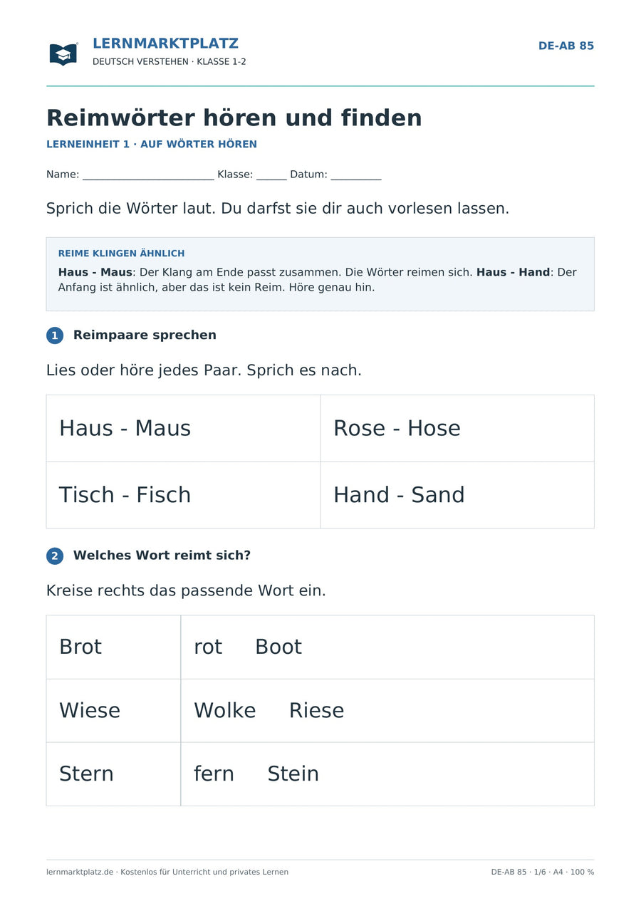 Reimwörter hören und finden – erste Seite des Deutsch-Arbeitsblatts für Klasse 1-2