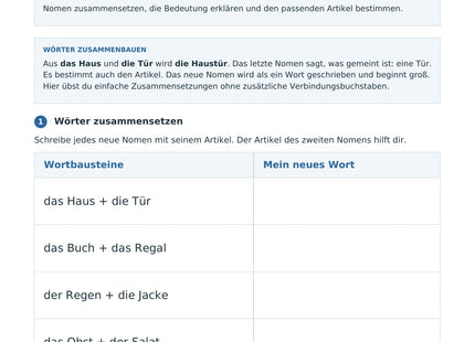 Zusammengesetzte Nomen entdecken – erste Seite des Deutsch-Arbeitsblatts für Klasse 2-3