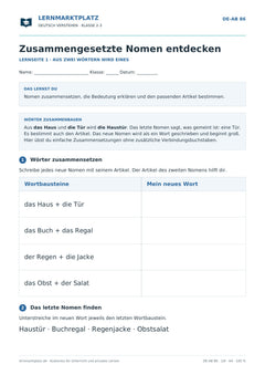 Zusammengesetzte Nomen entdecken – kostenloses Deutsch-Arbeitsblatt mit Lösungen (PDF)