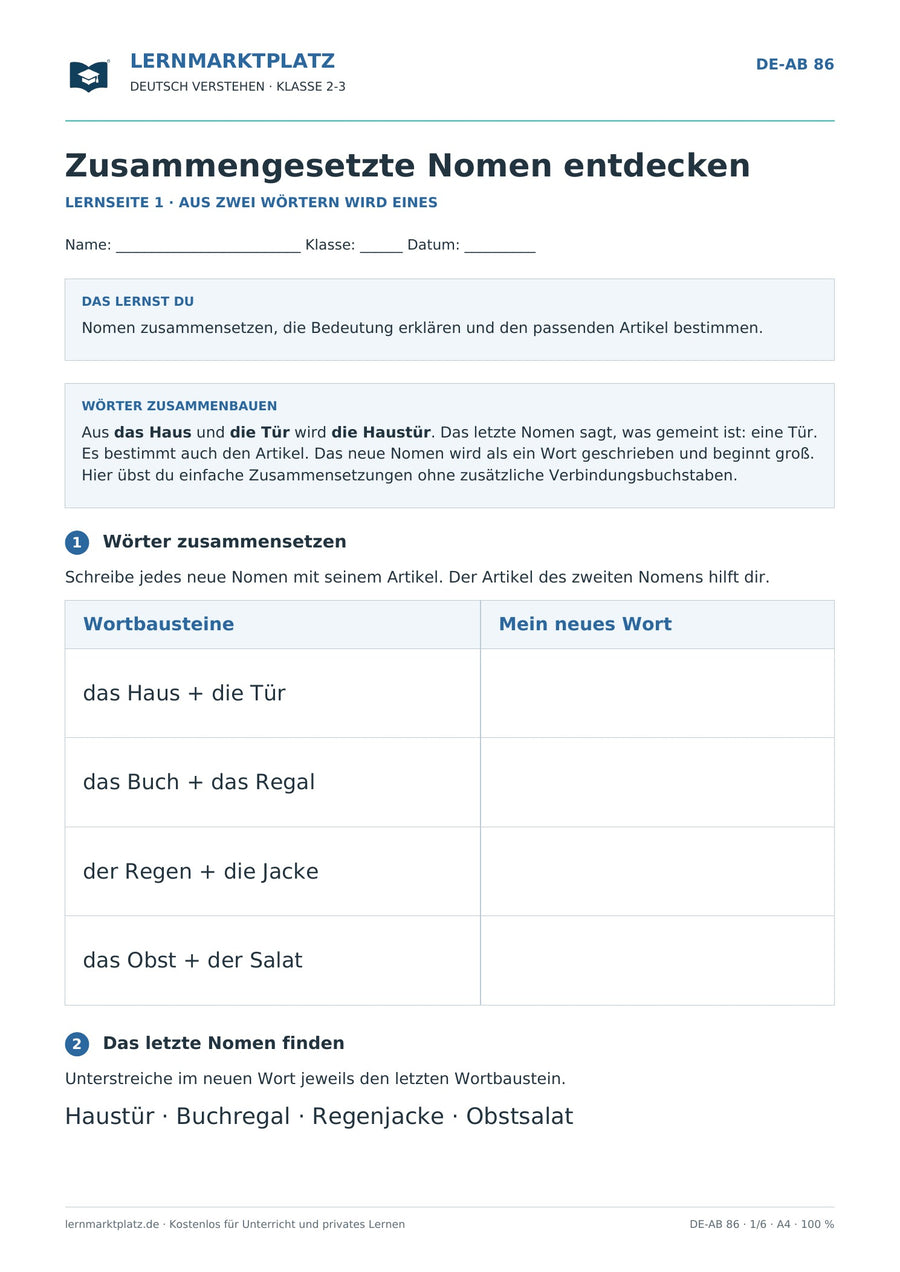 Zusammengesetzte Nomen entdecken – erste Seite des Deutsch-Arbeitsblatts für Klasse 2-3