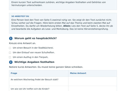 Genau zuhören und Informationen finden – erste Seite des Deutsch-Arbeitsblatts für Klasse 3-4