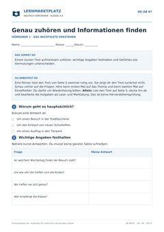 Genau zuhören und Informationen finden – kostenloses Deutsch-Arbeitsblatt mit Lösungen (PDF)