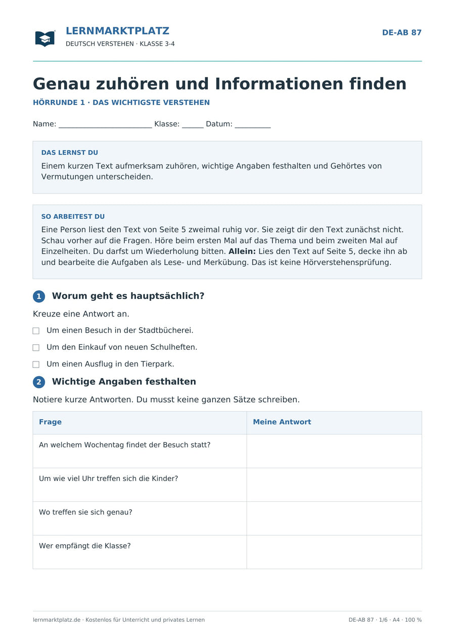 Genau zuhören und Informationen finden – erste Seite des Deutsch-Arbeitsblatts für Klasse 3-4
