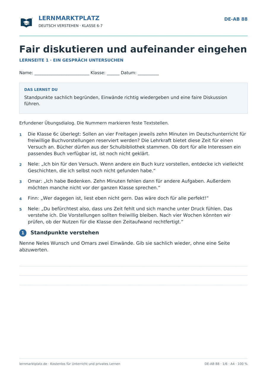 Fair diskutieren und aufeinander eingehen – erste Seite des Deutsch-Arbeitsblatts für Klasse 6-7