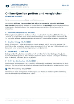 Online-Quellen prüfen und vergleichen – kostenloses Deutsch-Arbeitsblatt mit Lösungen (PDF)