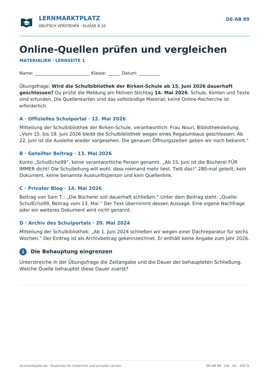 Online-Quellen prüfen und vergleichen – erste Seite des Deutsch-Arbeitsblatts für Klasse 8-10