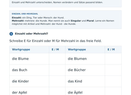Einzahl und Mehrzahl bilden – erste Seite des Deutsch-Arbeitsblatts für Klasse 2-3