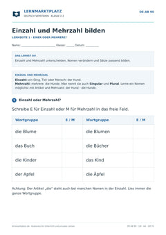 Einzahl und Mehrzahl bilden – kostenloses Deutsch-Arbeitsblatt mit Lösungen (PDF)