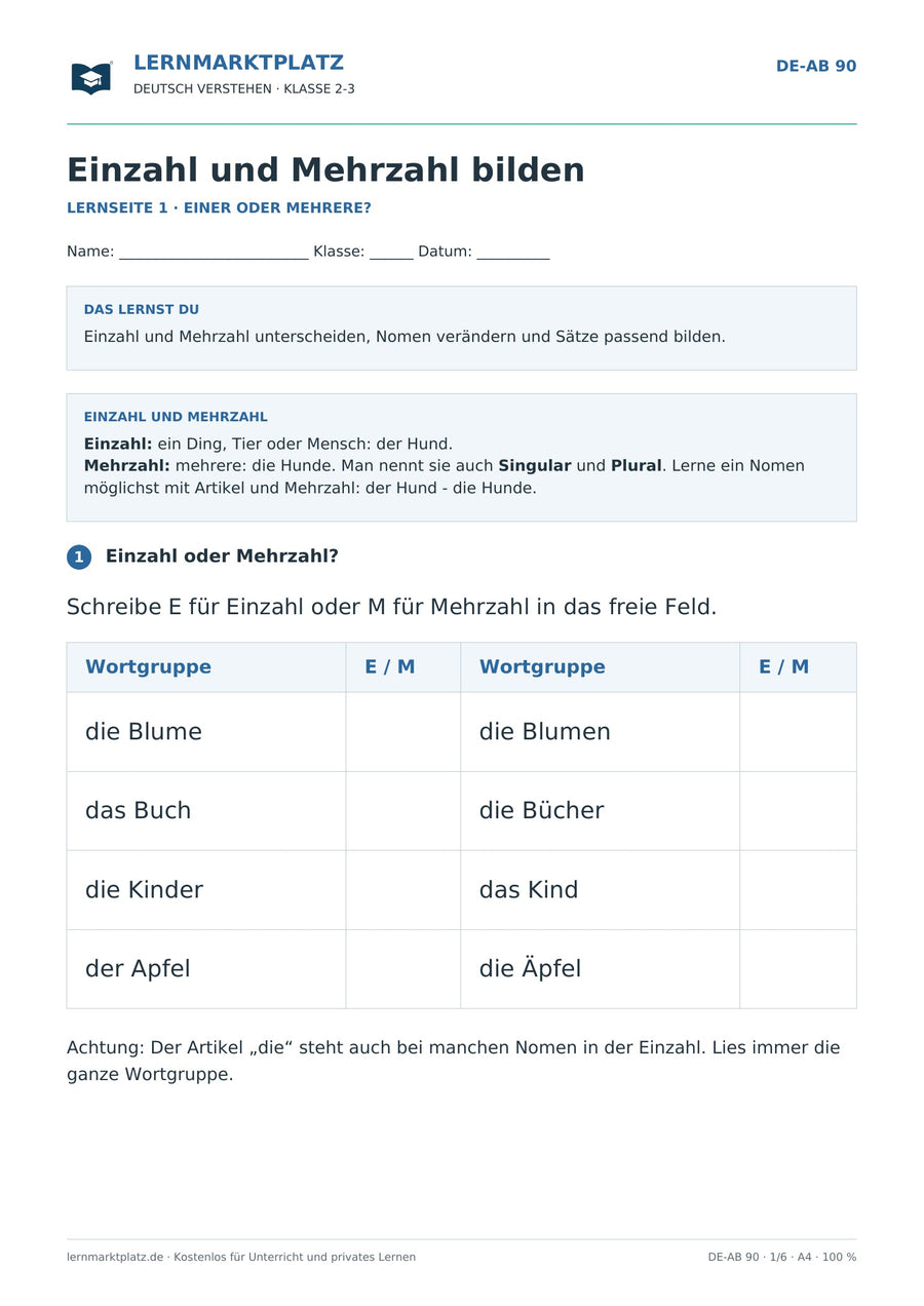 Einzahl und Mehrzahl bilden – erste Seite des Deutsch-Arbeitsblatts für Klasse 2-3