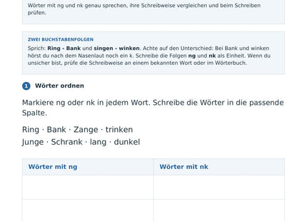 Wörter mit ng und nk schreiben – erste Seite des Deutsch-Arbeitsblatts für Klasse 2-3