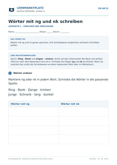 Wörter mit ng und nk schreiben – kostenloses Deutsch-Arbeitsblatt mit Lösungen (PDF)