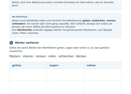 Mit Wortfeldern genauer schreiben – erste Seite des Deutsch-Arbeitsblatts für Klasse 3-4