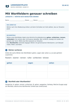 Mit Wortfeldern genauer schreiben – kostenloses Deutsch-Arbeitsblatt mit Lösungen (PDF)