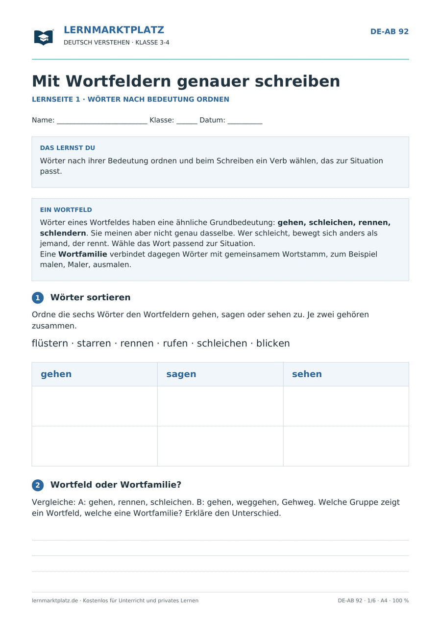 Mit Wortfeldern genauer schreiben – erste Seite des Deutsch-Arbeitsblatts für Klasse 3-4