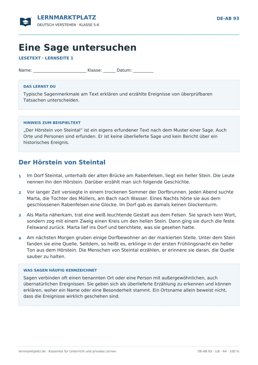 Eine Sage untersuchen – erste Seite des Deutsch-Arbeitsblatts für Klasse 5-6