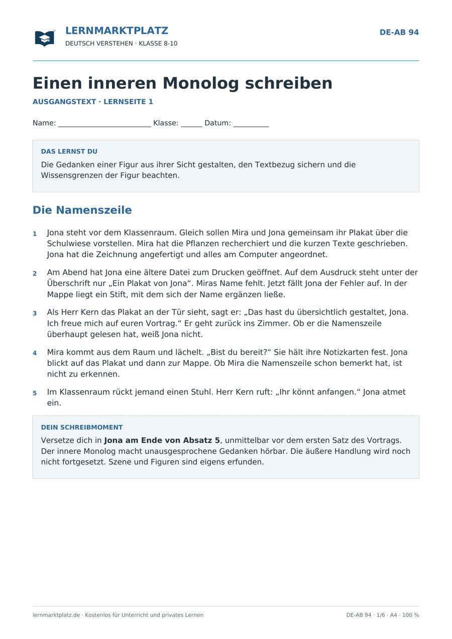 Einen inneren Monolog schreiben – erste Seite des Deutsch-Arbeitsblatts für Klasse 8-10