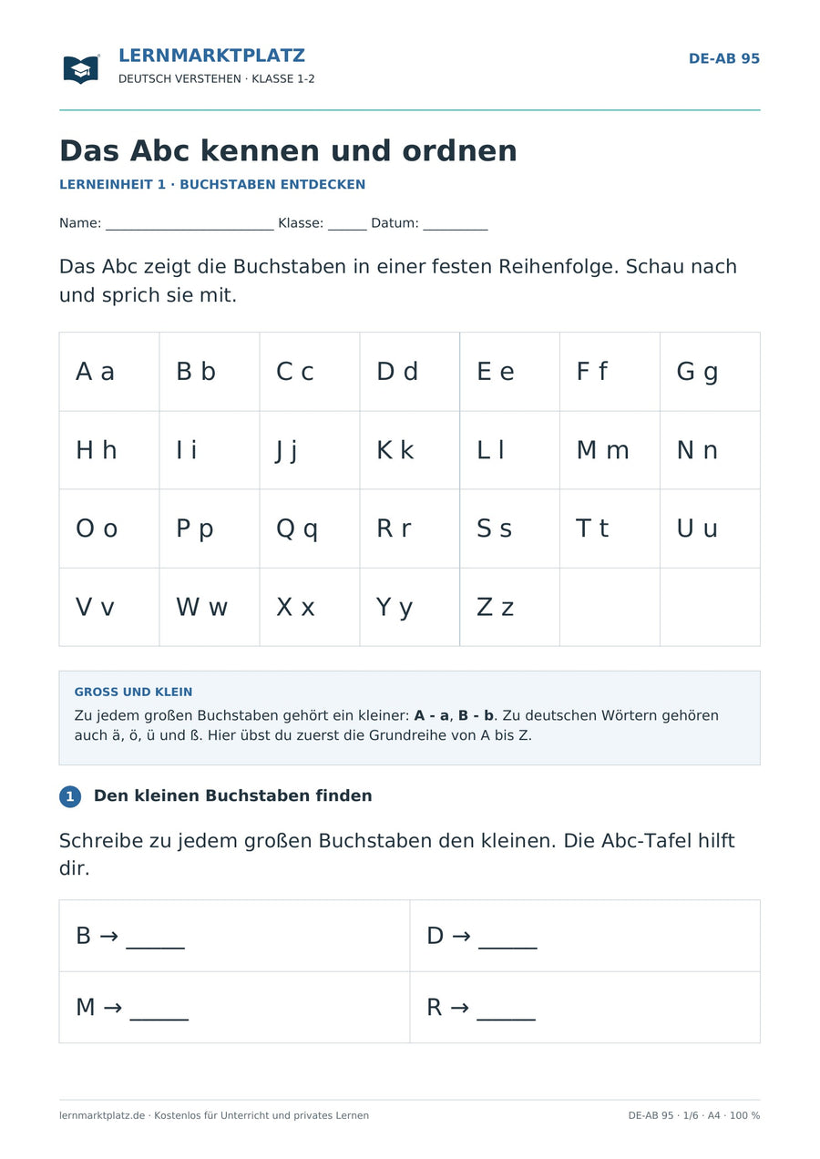Das Abc kennen und ordnen – erste Seite des Deutsch-Arbeitsblatts für Klasse 1-2