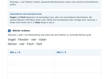 Wörter mit v und f sicher schreiben – erste Seite des Deutsch-Arbeitsblatts für Klasse 3-4