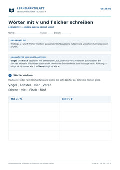 Wörter mit v und f sicher schreiben – kostenloses Deutsch-Arbeitsblatt mit Lösungen (PDF)