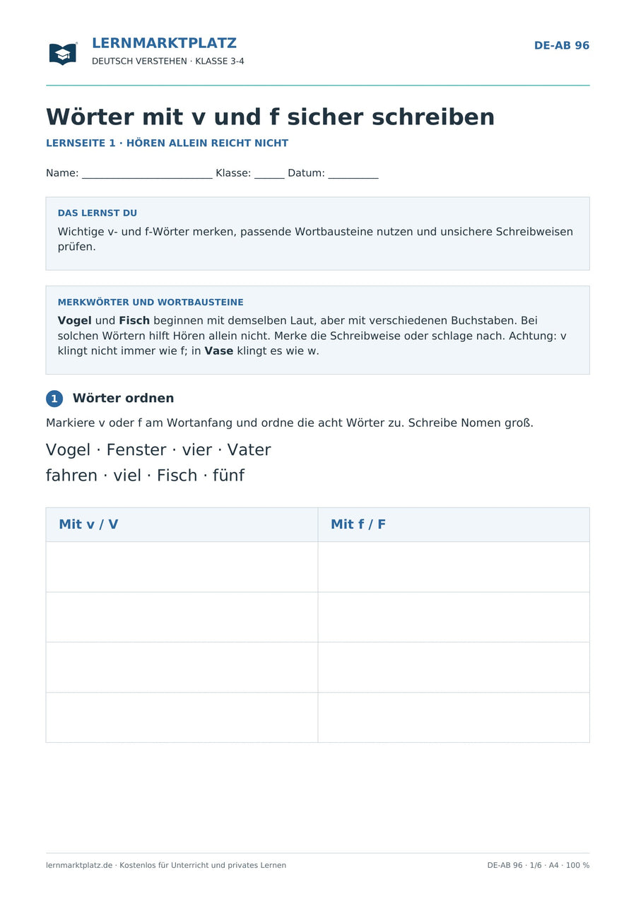 Wörter mit v und f sicher schreiben – erste Seite des Deutsch-Arbeitsblatts für Klasse 3-4