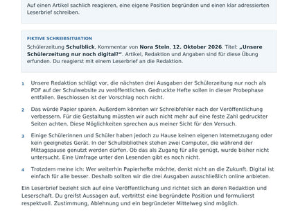 Einen Leserbrief verfassen – erste Seite des Deutsch-Arbeitsblatts für Klasse 8-9