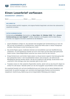 Einen Leserbrief verfassen – kostenloses Deutsch-Arbeitsblatt mit Lösungen (PDF)