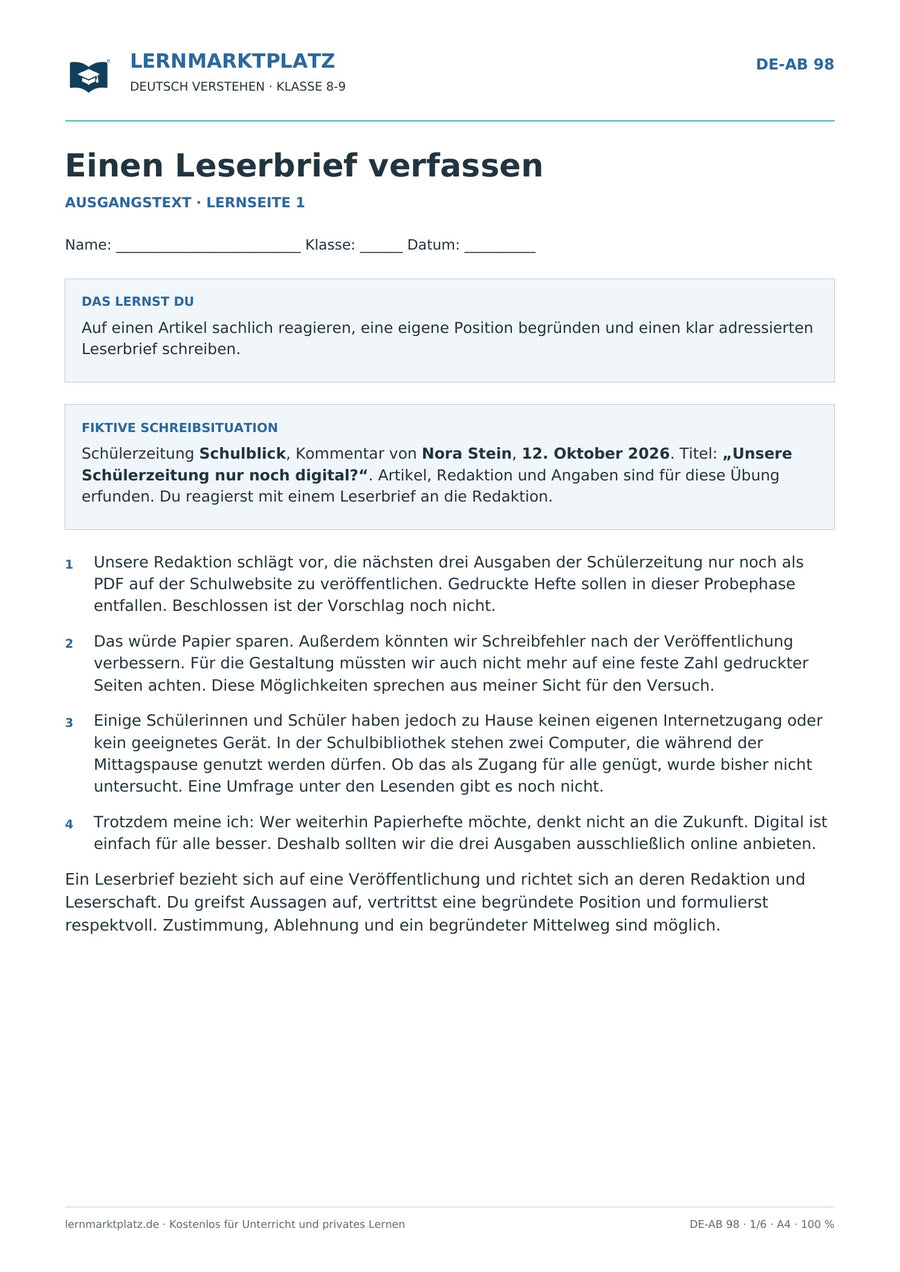Einen Leserbrief verfassen – erste Seite des Deutsch-Arbeitsblatts für Klasse 8-9