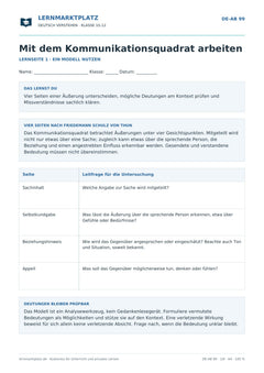 Mit dem Kommunikationsquadrat arbeiten – kostenloses Deutsch-Arbeitsblatt mit Lösungen (PDF)