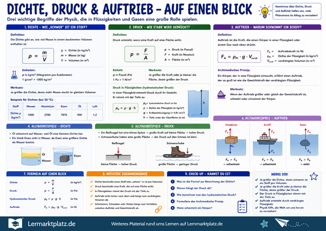 Dichte, Druck & Auftrieb verstehen – physikalische Größen einfach erklärt – Lernposter / Lernplakat als PDF