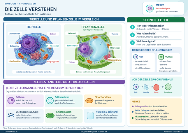 Die Zelle verstehen – Aufbau, Zellbestandteile & Funktionen einfach erklärt – Lernposter / Lernplakat als PDF