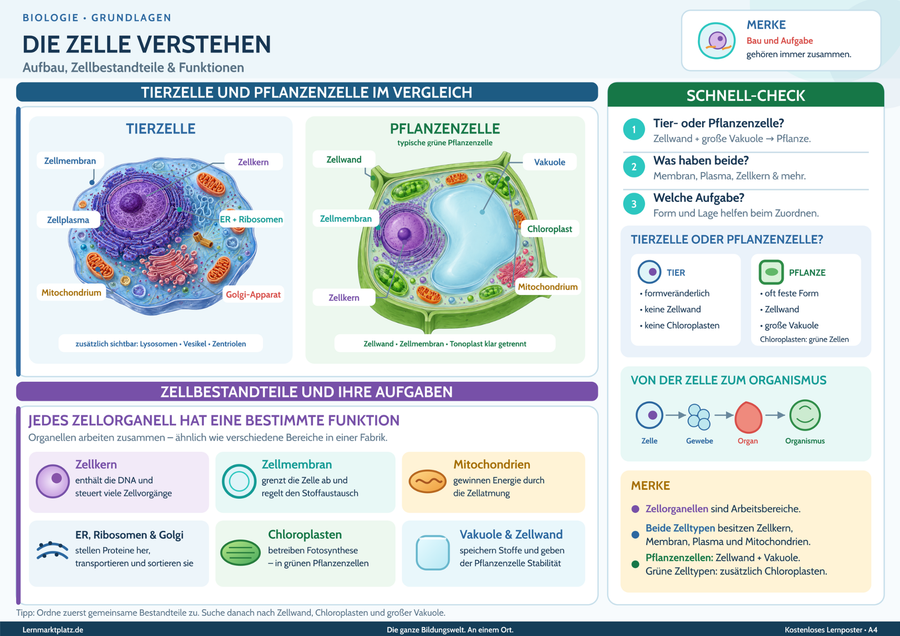 Die Zelle verstehen – Aufbau, Zellbestandteile & Funktionen einfach erklärt – Lernposter / Lernplakat als PDF