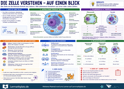 Die Zelle verstehen – Aufbau, Zellbestandteile & Funktionen einfach erklärt – Lernposter / Lernplakat als PDF