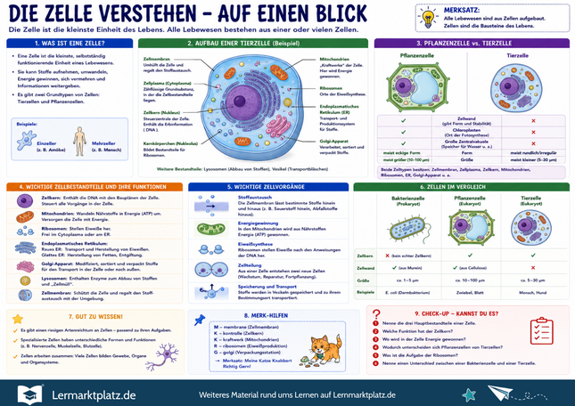 Die Zelle verstehen – Aufbau, Zellbestandteile & Funktionen einfach erklärt – Lernposter / Lernplakat als PDF