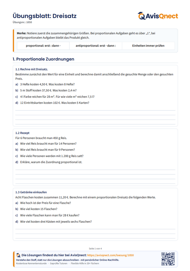 Dreisatz Arbeitsblatt – Proportionale und antiproportionale Zuordnungen