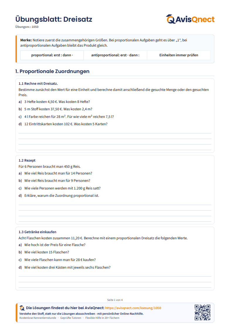 Dreisatz Arbeitsblatt – Proportionale und antiproportionale Zuordnungen
