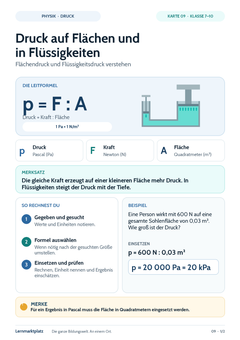 Druck auf Flächen und in Flüssigkeiten – Physik-Lernkarte (kostenloses PDF)