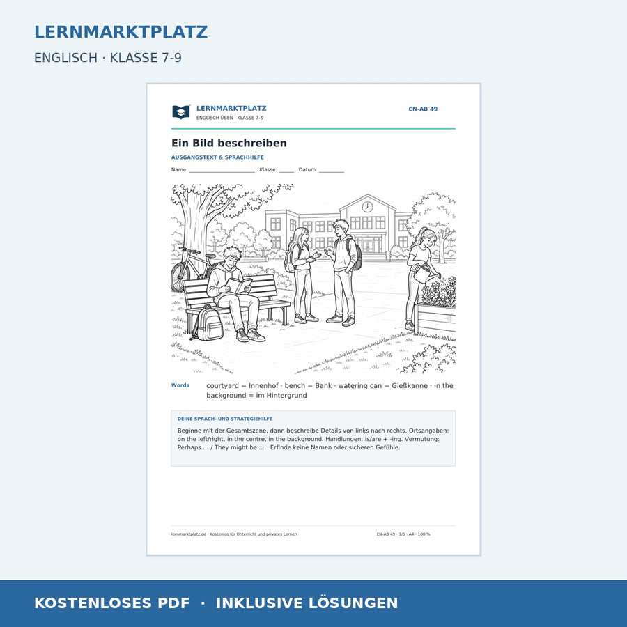 Ein Bild auf Englisch beschreiben - kostenloses Arbeitsblatt mit Lösungen als PDF