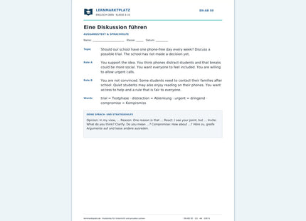 Eine Diskussion auf Englisch führen - kostenloses Arbeitsblatt mit Lösungen als PDF