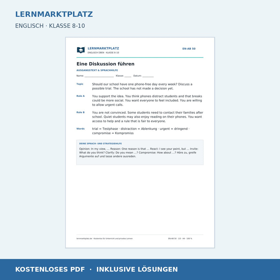 Eine Diskussion auf Englisch führen - kostenloses Arbeitsblatt mit Lösungen als PDF