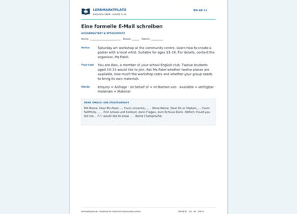 Eine formelle E-Mail auf Englisch schreiben - kostenloses Arbeitsblatt mit Lösungen als PDF