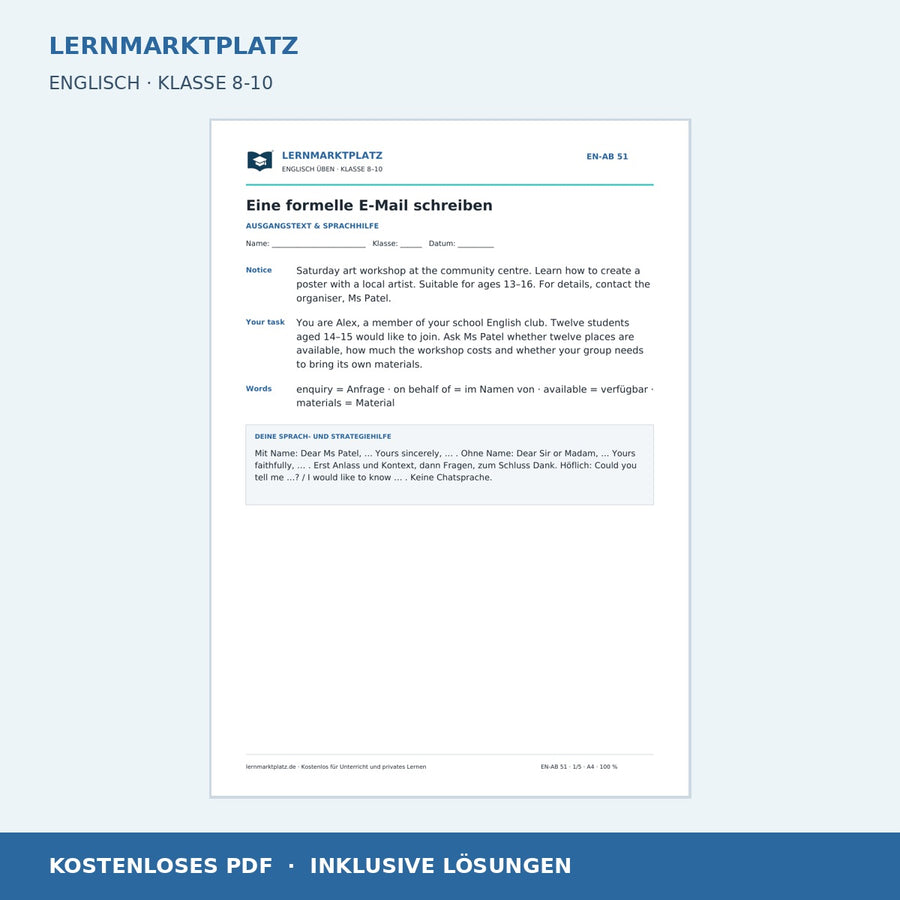 Eine formelle E-Mail auf Englisch schreiben - kostenloses Arbeitsblatt mit Lösungen als PDF