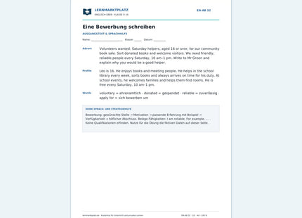 Eine Bewerbung auf Englisch schreiben - kostenloses Arbeitsblatt mit Lösungen als PDF